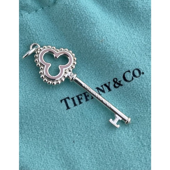 Tiffany & Co. Jewelry - Tiffany & Co. Silver Beaded Pink Enamel Trefoil Key Charm Pendant For Necklace